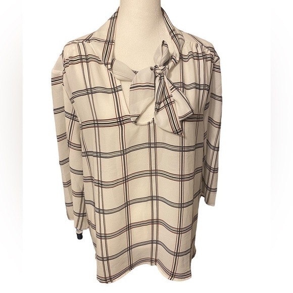W5  Anthropologie tie neck plaid check blouse size XL - Picture 1 of 8